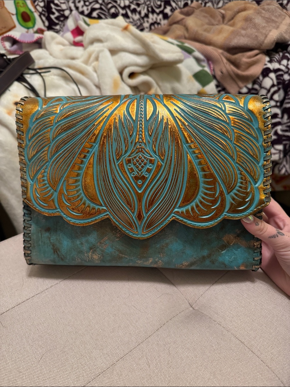 Women's Turquoise & Gold Embossed Leather Bag